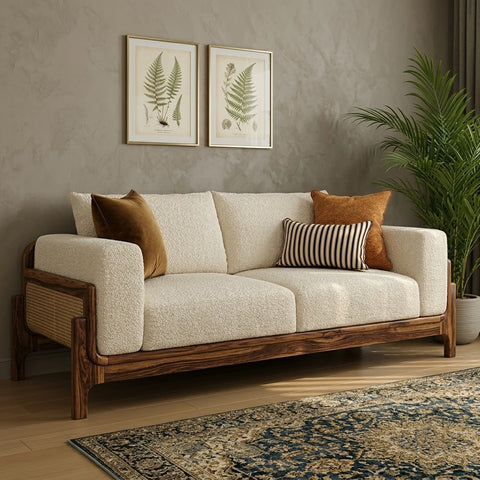 PRITI Sheesham Wood 3 Seater Sofa with Cane Detailing
