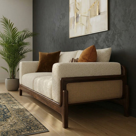PRITI Sheesham Wood 3 Seater Sofa with Cane Detailing