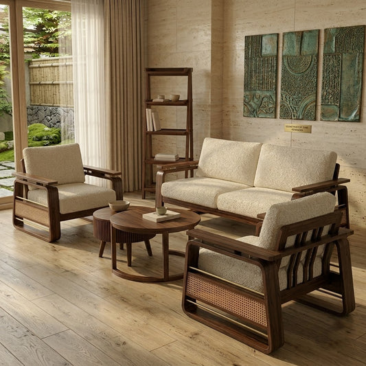 PRITI 3+1+1 Sheesham Wood Sofa Set With Cane and Brass Detailing