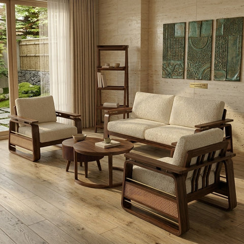 PRITI 3+1+1 Sheesham Wood Sofa Set With Cane and Brass Detailing