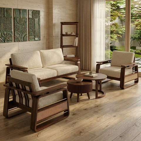 PRITI 3+1+1 Sheesham Wood Sofa Set With Cane and Brass Detailing