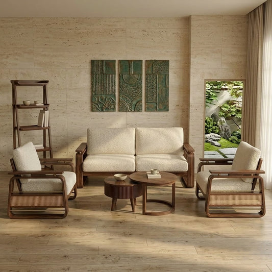 PRITI 3+1+1 Sheesham Wood Sofa Set With Cane and Brass Detailing