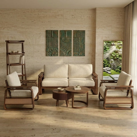 PRITI 3+1+1 Sheesham Wood Sofa Set With Cane and Brass Detailing