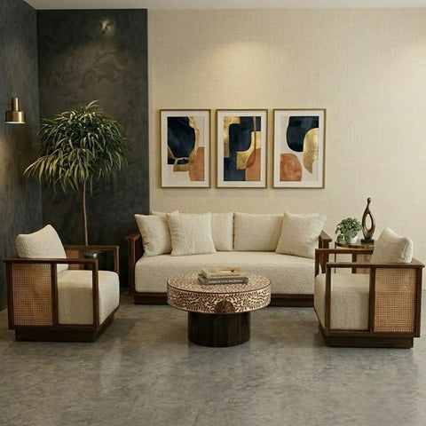 PRITI 3+1+1  Dark Walnut sheesham wood Sofa Set with Cane Accents