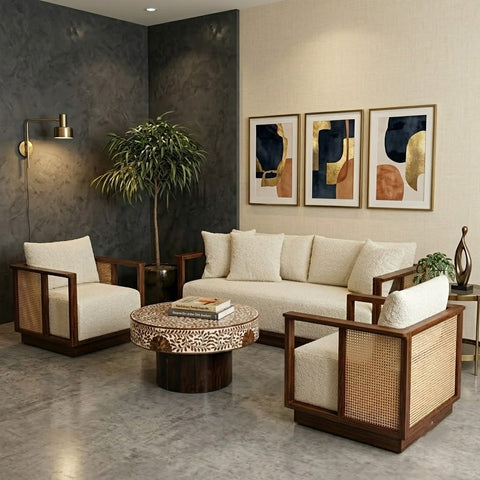 PRITI 3+1+1  Dark Walnut sheesham wood Sofa Set with Cane Accents