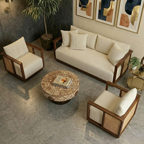 PRITI 3+1+1  Dark Walnut sheesham wood Sofa Set with Cane Accents