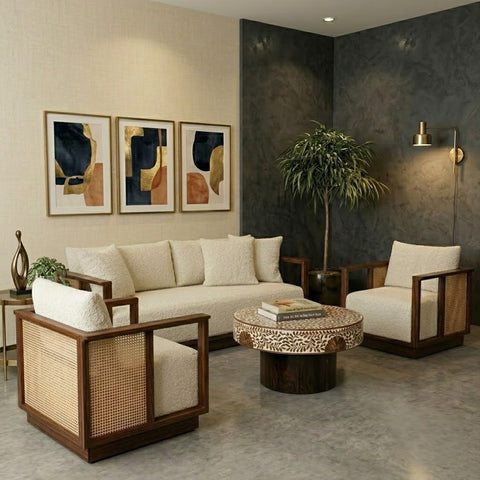 PRITI 3+1+1  Dark Walnut sheesham wood Sofa Set with Cane Accents