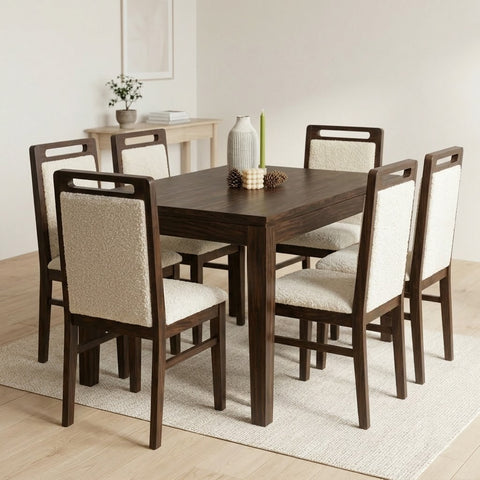 PRITI 6 Seater Dining Set with Tim Extendable Table and Hazel Dining Chair | Extendable from 4 to 6 Seater | Dark Walnut Sheesham Wood Finish | Creme Boucle Fabric