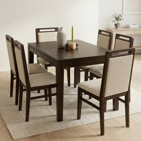 PRITI 6 Seater Dining Set with Tim Extendable Table and Hazel Dining Chair | Extendable from 4 to 6 Seater | Dark Walnut Sheesham Wood Finish | Creme Boucle Fabric