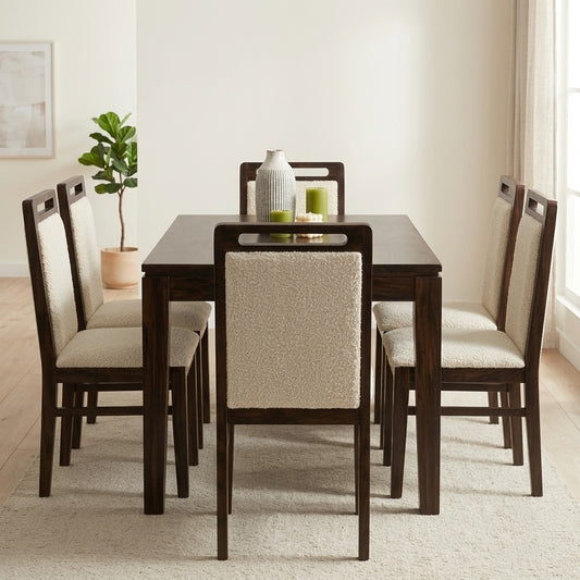 PRITI 6 Seater Dining Set with Tim Extendable Table and Hazel Dining Chair | Extendable from 4 to 6 Seater | Dark Walnut Sheesham Wood Finish | Creme Boucle Fabric