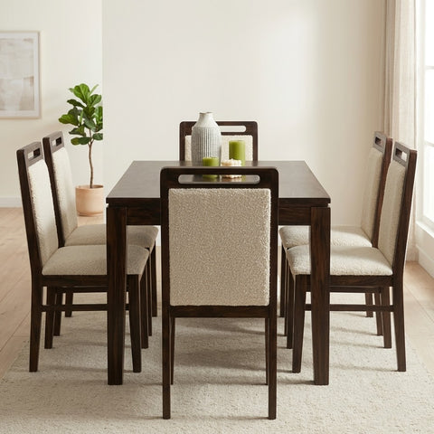 PRITI 6 Seater Dining Set with Tim Extendable Table and Hazel Dining Chair | Extendable from 4 to 6 Seater | Dark Walnut Sheesham Wood Finish | Creme Boucle Fabric