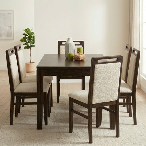 PRITI 6 Seater Dining Set with Tim Extendable Table and Hazel Dining Chair | Extendable from 4 to 6 Seater | Dark Walnut Sheesham Wood Finish | Creme Boucle Fabric