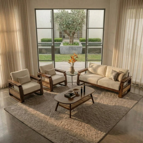 PRITI 3+1+1 Dark Walnut sheesham wood  Sofa Set With Cane and Brass Detailing