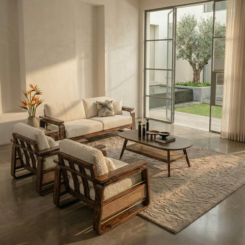 PRITI 3+1+1 Dark Walnut sheesham wood  Sofa Set With Cane and Brass Detailing