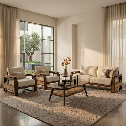 PRITI 3+1+1 Dark Walnut sheesham wood  Sofa Set With Cane and Brass Detailing