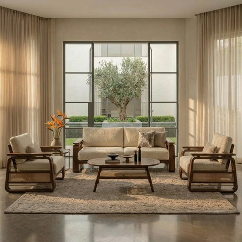 PRITI 3+1+1 Dark Walnut sheesham wood  Sofa Set With Cane and Brass Detailing