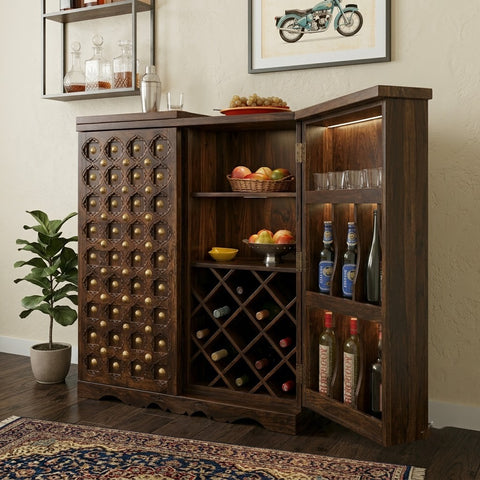 PRITI Solid Sheesham Wood Bar Cabinet | Handmade Wooden Home Bar Unit with Dark Walnut Finish