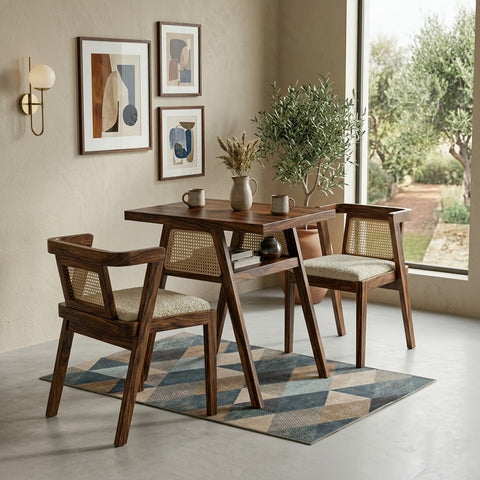 PRITI Solid Wood Rattan Cane Dining Set Two Seater