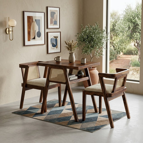 PRITI Solid Wood Rattan Cane Dining Set Two Seater
