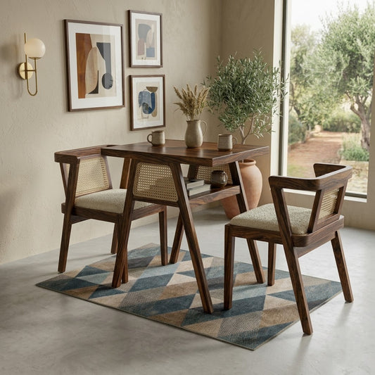 PRITI Solid Wood Rattan Cane Dining Set Two Seater