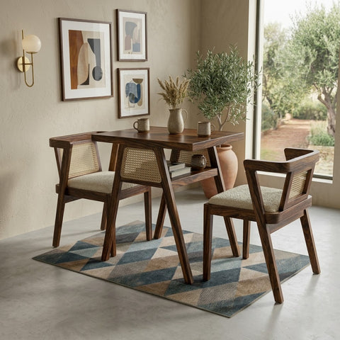PRITI Solid Wood Rattan Cane Dining Set Two Seater