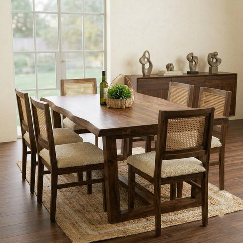 PRITI Live Edge Sheesham Wood Dining Table with Cane Weave Chairs, Dark Walnut Finish