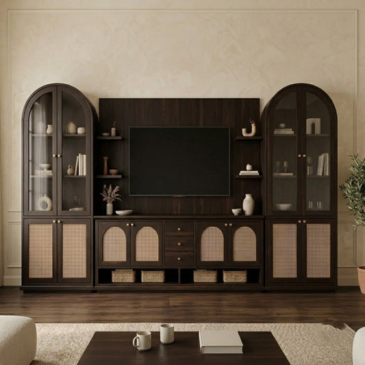 PRITI Premium Solid Wood TV Unit with Cane Panel Cabinets in Dark Walnut Sheesham Finish