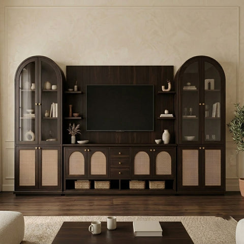 PRITI Premium Solid Wood TV Unit with Cane Panel Cabinets in Dark Walnut Sheesham Finish