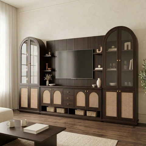 PRITI Premium Solid Wood TV Unit with Cane Panel Cabinets in Dark Walnut Sheesham Finish