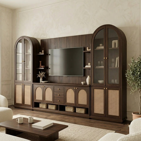 PRITI Premium Solid Wood TV Unit with Cane Panel Cabinets in Dark Walnut Sheesham Finish