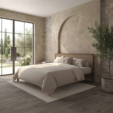 PRITI Rattan & Dark Wood Bed with Japanese Joinery Design
