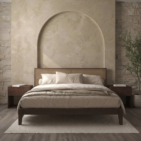 PRITI Rattan & Dark Wood Bed with Japanese Joinery Design