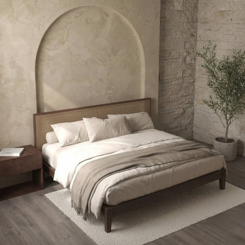 PRITI Rattan & Dark Wood Bed with Japanese Joinery Design