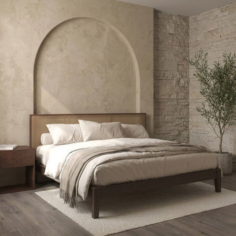 PRITI Rattan & Dark Wood Bed with Japanese Joinery Design