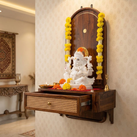 PRITI Sheesham Wood Home Temple with Brass Detailing & Cane Accents