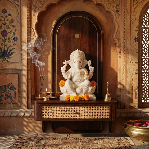 PRITI Sheesham Wood Home Temple with Brass Detailing & Cane Accents