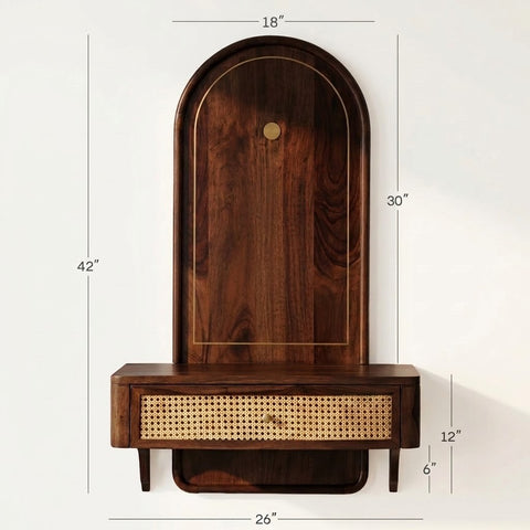 PRITI Sheesham Wood Home Temple with Brass Detailing & Cane Accents
