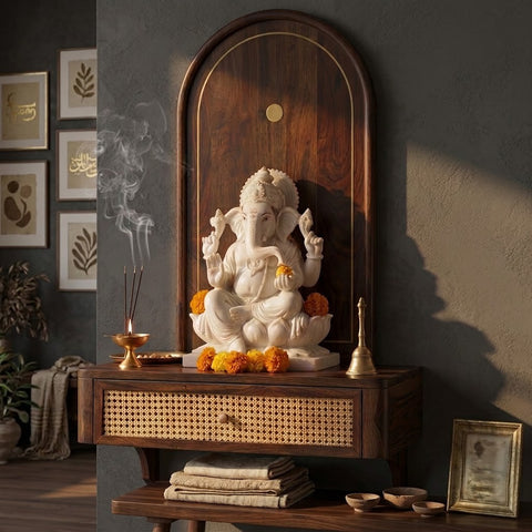 PRITI Sheesham Wood Home Temple with Brass Detailing & Cane Accents