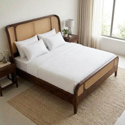 PRITI Sheesham Wood King Size Bed with Cane Headboard