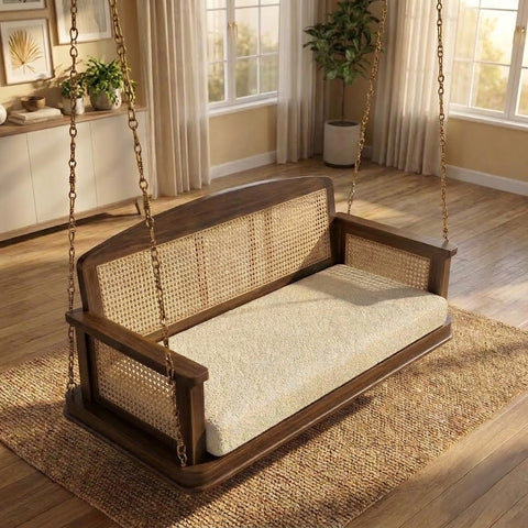 PRITI 2 Seater Wooden Swing with Crème Boucle Cushion | Dark Walnut Sheesham Wood Jhula