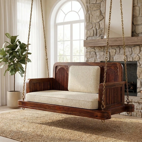PRITI Solid Wood Swing for Home | Dark Walnut Sheesham Jhula with Crème Boucle Fabric