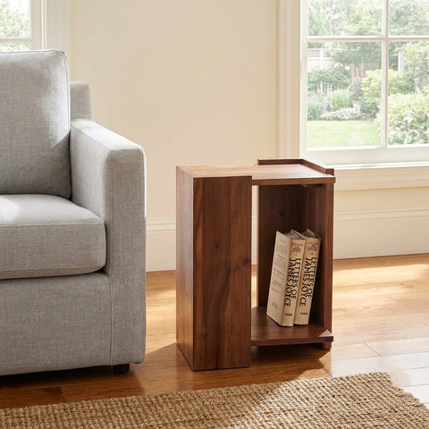 PRITI Dark Brown Wooden Side Table | Solid Acacia Sofa End Table with Open Shelf