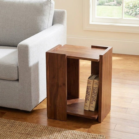 PRITI Dark Brown Wooden Side Table | Solid Acacia Sofa End Table with Open Shelf