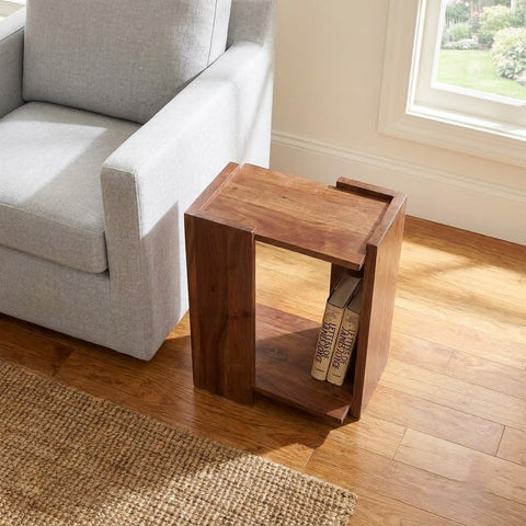 PRITI Dark Brown Wooden Side Table | Solid Acacia Sofa End Table with Open Shelf