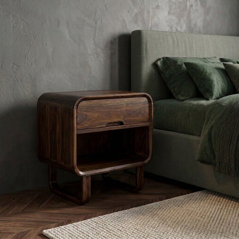 PRITI Dark Walnut Sheesham Wood Bedside Table with Drawer & Open Shelf