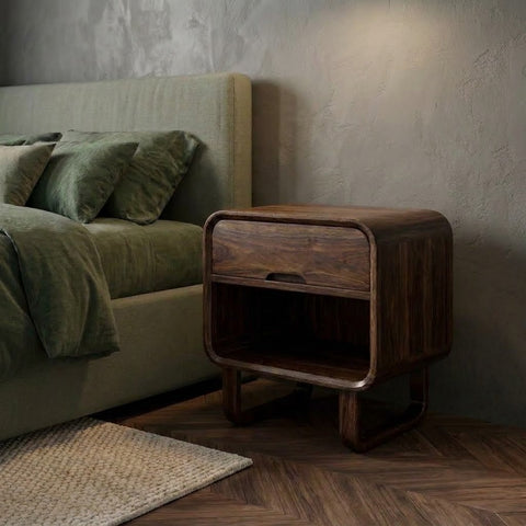 PRITI Dark Walnut Sheesham Wood Bedside Table with Drawer & Open Shelf