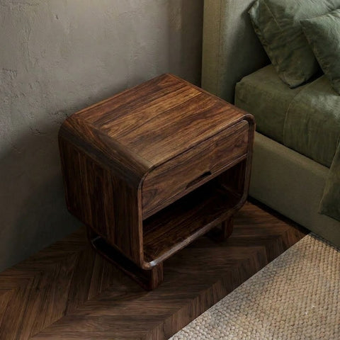 PRITI Dark Walnut Sheesham Wood Bedside Table with Drawer & Open Shelf