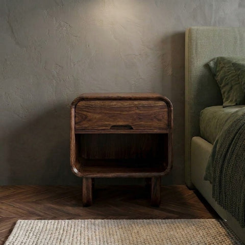 PRITI Dark Walnut Sheesham Wood Bedside Table with Drawer & Open Shelf