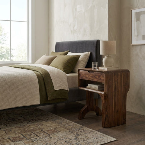 PRITI Solid Sheesham Wood Bedside Table with Drawer & Open Shelf