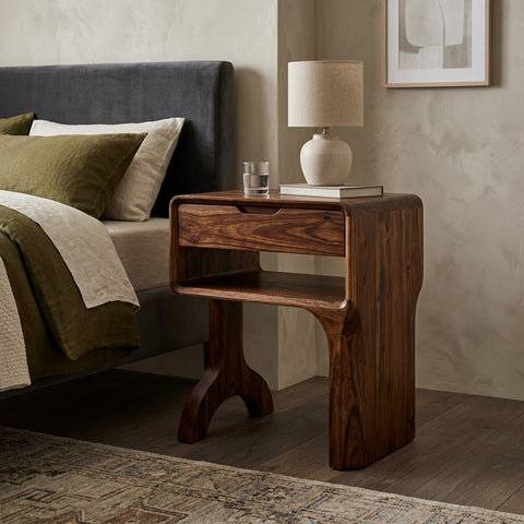 PRITI Solid Sheesham Wood Bedside Table with Drawer & Open Shelf